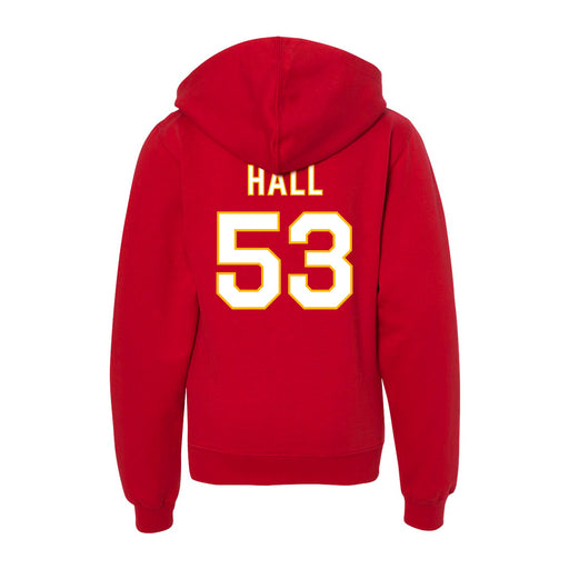 Back angle of the Jerry Hall MAS Kansas City Wheelchair Football Amplife Youth Red Hoodie against a white background