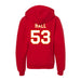 Back angle of the Jerry Hall MAS Kansas City Wheelchair Football Amplife Youth Red Hoodie against a white background