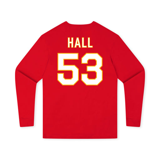 Back angle of the Jerry Hall MAS Kansas City Wheelchair Football Amplife Youth Red Long Sleeve T-Shirt against a white background