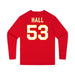 Back angle of the Jerry Hall MAS Kansas City Wheelchair Football Amplife Youth Red Long Sleeve T-Shirt against a white background