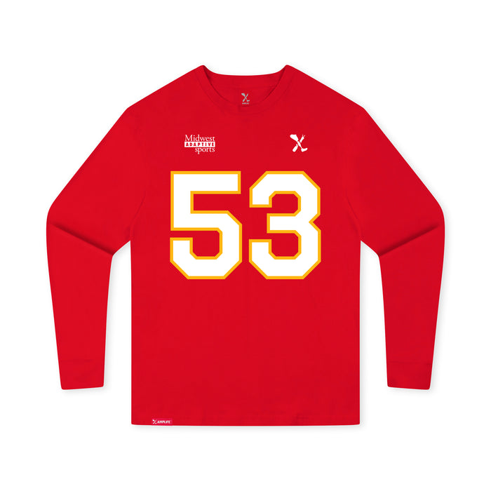 Front angle of the Jerry Hall MAS Kansas City Wheelchair Football Amplife Youth Red Long Sleeve T-Shirt against a white background
