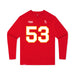 Front angle of the Jerry Hall MAS Kansas City Wheelchair Football Amplife Youth Red Long Sleeve T-Shirt against a white background