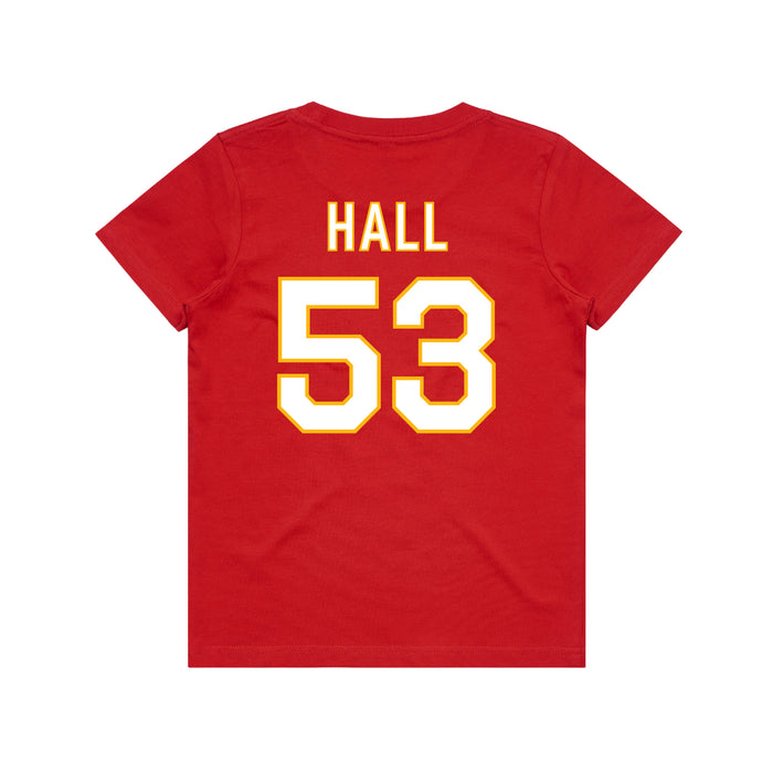 Back angle of the Jerry Hall MAS Kansas City Wheelchair Football Amplife Youth Red T-Shirt against a white background