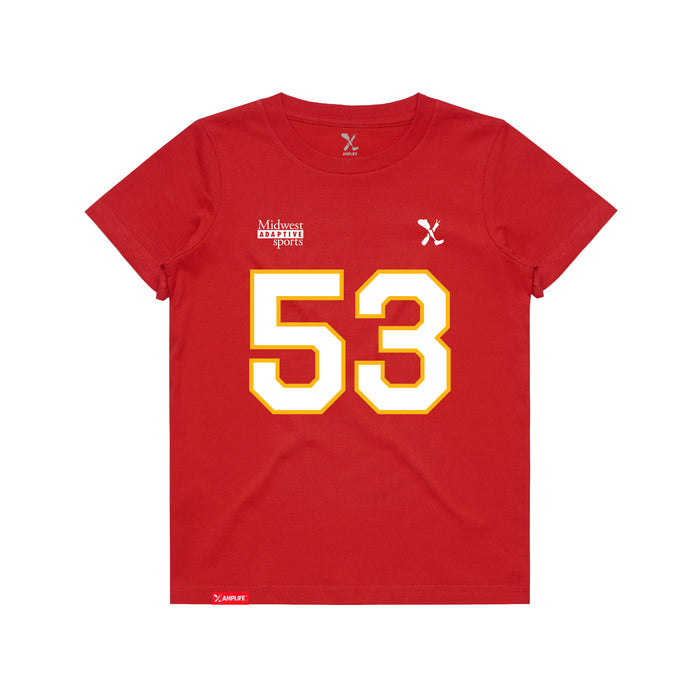 Front angle of the Jerry Hall MAS Kansas City Wheelchair Football Amplife Youth Red T-Shirt against a white background