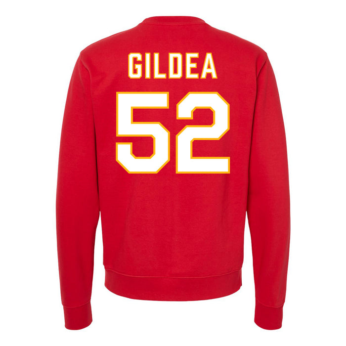 Back angle of the Jesse Gildea MAS Kansas City Wheelchair Football Amplife Red Crewneck Sweatshirt against a white background