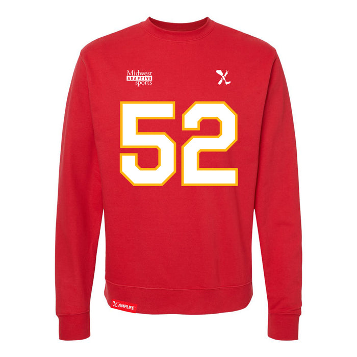 Front angle of the Jesse Gildea MAS Kansas City Wheelchair Football Amplife Red Crewneck Sweatshirt against a white background