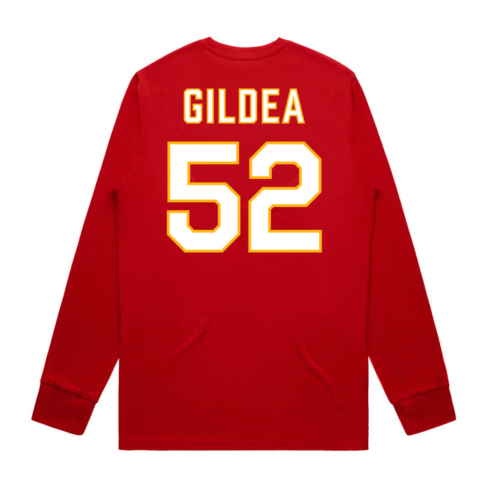 Back angle of the Jesse Gildea MAS Kansas City Wheelchair Football Amplife Red Long Sleeve T-Shirt against a white background
