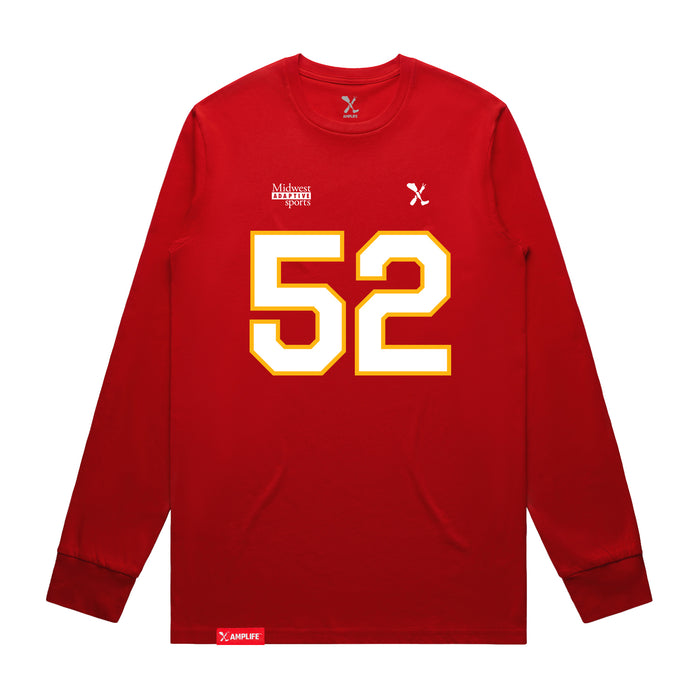 Front angle of the Jesse Gildea MAS Kansas City Wheelchair Football Amplife Red Long Sleeve T-Shirt against a white background
