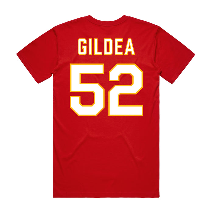 Back angle of the Jesse Gildea MAS Kansas City Wheelchair Football Amplife Red T-Shirt against a white background