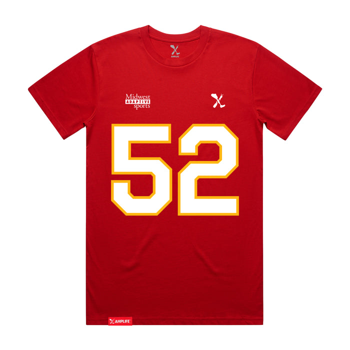Front angle of the Jesse Gildea MAS Kansas City Wheelchair Football Amplife Red T-Shirt against a white background
