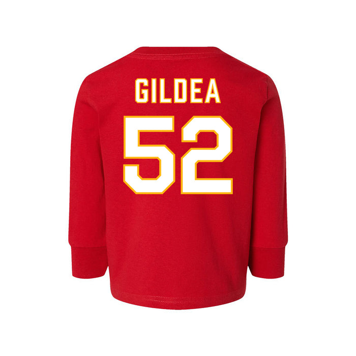 Back angle of the Jesse Gildea MAS Kansas City Wheelchair Football Amplife Toddler Red Long Sleeve T-Shirt against a white background