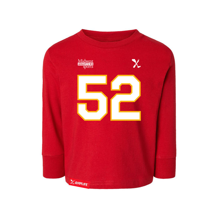 Front angle of the Jesse Gildea MAS Kansas City Wheelchair Football Amplife Toddler Red Long Sleeve T-Shirt against a white background