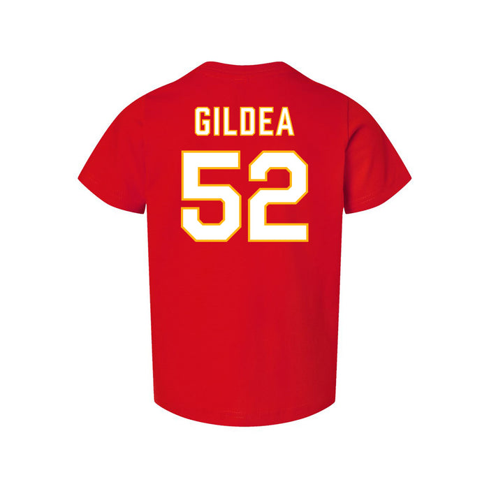 Back angle of the Jesse Gildea MAS Kansas City Wheelchair Football Amplife Toddler Red T-Shirt against a white background