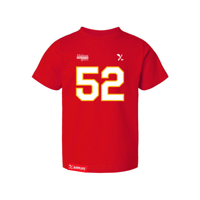 Front angle of the Jesse Gildea MAS Kansas City Wheelchair Football Amplife Toddler Red T-Shirt against a white background