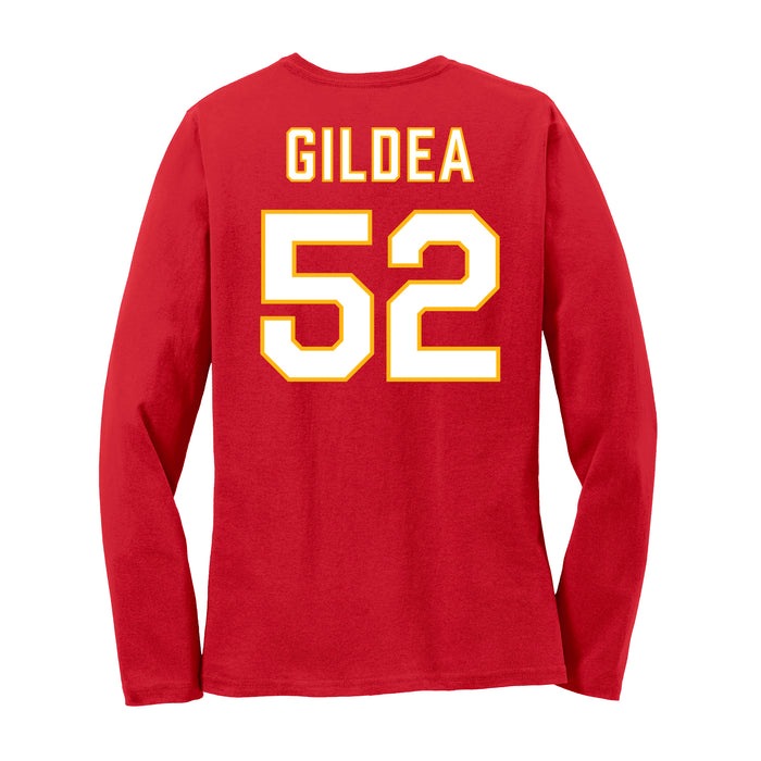 Back angle of the Jesse Gildea MAS Kansas City Wheelchair Football Amplife Women's Red Long Sleeve T-Shirt against a white background