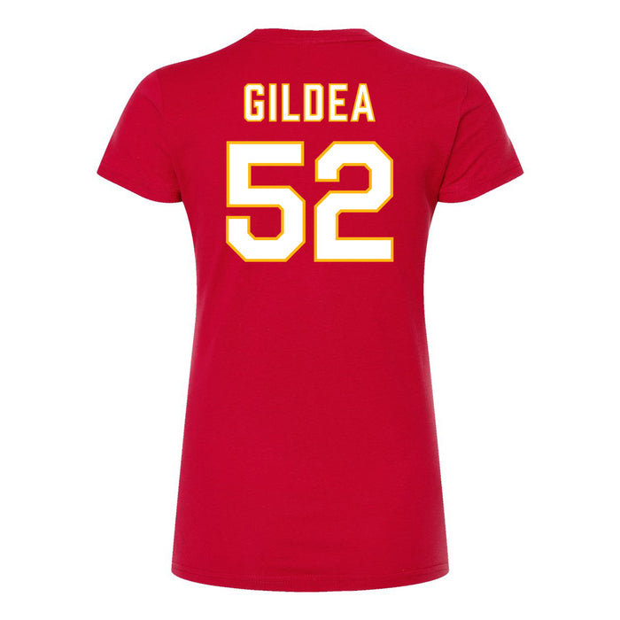 Back angle of the Jesse Gildea MAS Kansas City Wheelchair Football Amplife Women's Red Slim T-Shirt against a white background