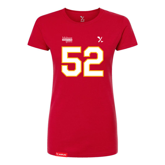 Front angle of the Jesse Gildea MAS Kansas City Wheelchair Football Amplife Women's Red Slim T-Shirt against a white background