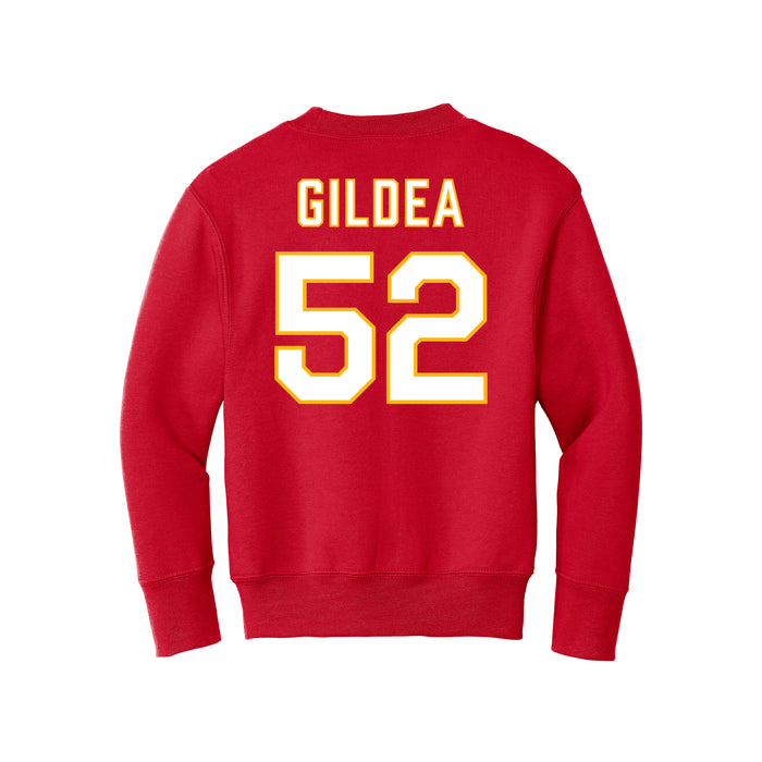 Back angle of the Jesse Gildea MAS Kansas City Wheelchair Football Amplife Youth Red Crewneck Sweatshirt against a white background