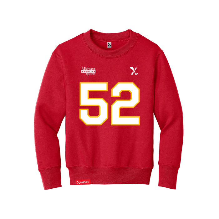 Front angle of the Jesse Gildea MAS Kansas City Wheelchair Football Amplife Youth Red Crewneck Sweatshirt against a white background