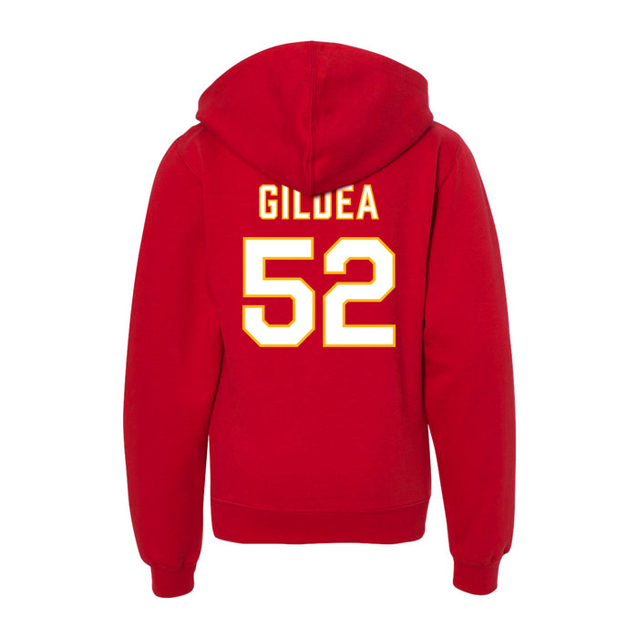 Back angle of the Jesse Gildea MAS Kansas City Wheelchair Football Amplife Youth Red Hoodie against a white background