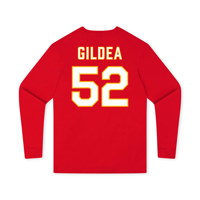 Back angle of the Jesse Gildea MAS Kansas City Wheelchair Football Amplife Youth Red Long Sleeve T-Shirt against a white background