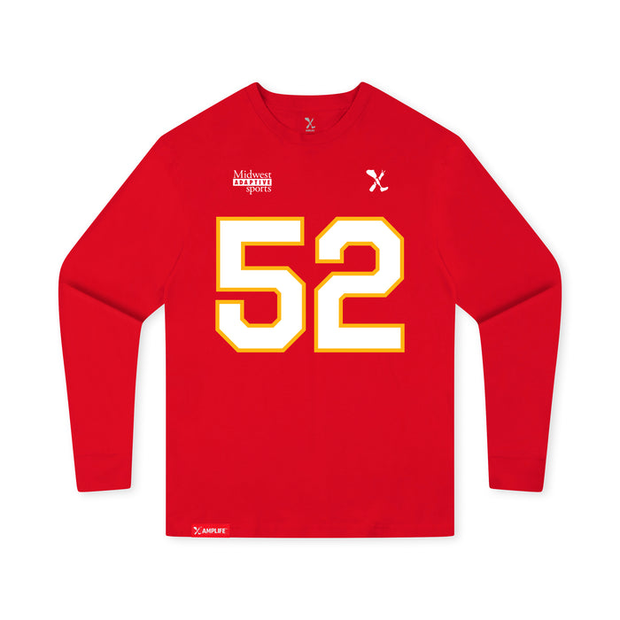Front angle of the Jesse Gildea MAS Kansas City Wheelchair Football Amplife Youth Red Long Sleeve T-Shirt against a white background