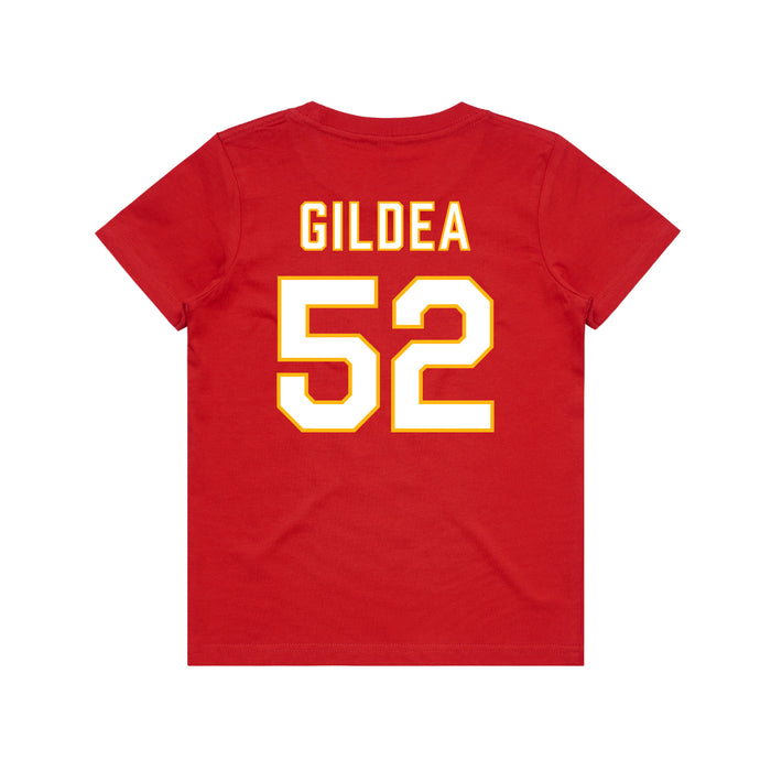 Back angle of the Jesse Gildea MAS Kansas City Wheelchair Football Amplife Youth Red T-Shirt against a white background