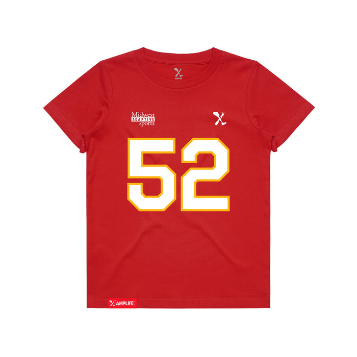 Front angle of the Jesse Gildea MAS Kansas City Wheelchair Football Amplife Youth Red T-Shirt against a white background