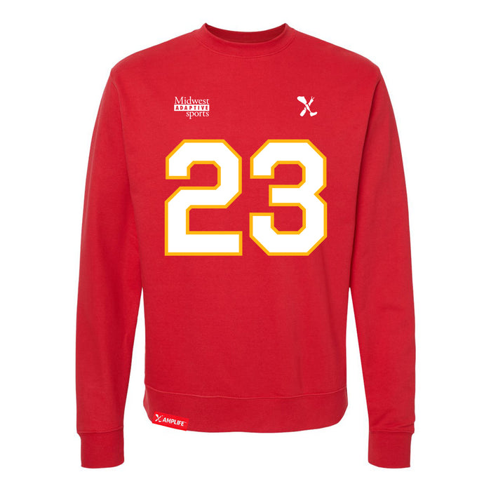 Front angle of the John Gilbert MAS Kansas City Wheelchair Football Amplife Red Crewneck Sweatshirt against a white background