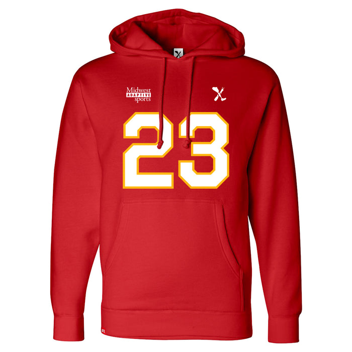 Front angle of the John Gilbert MAS Kansas City Wheelchair Football Amplife Red Hoodie against a white background