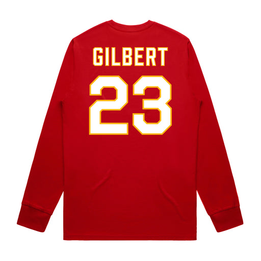 Back angle of the John Gilbert MAS Kansas City Wheelchair Football Amplife Red Long Sleeve T-Shirt against a white background