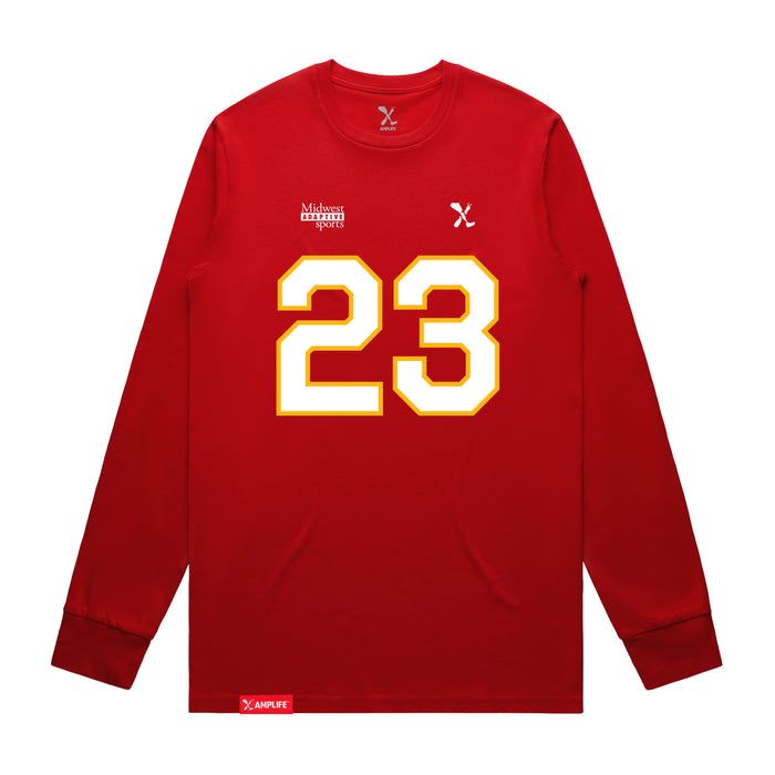 Front angle of the John Gilbert MAS Kansas City Wheelchair Football Amplife Red Long Sleeve T-Shirt against a white background
