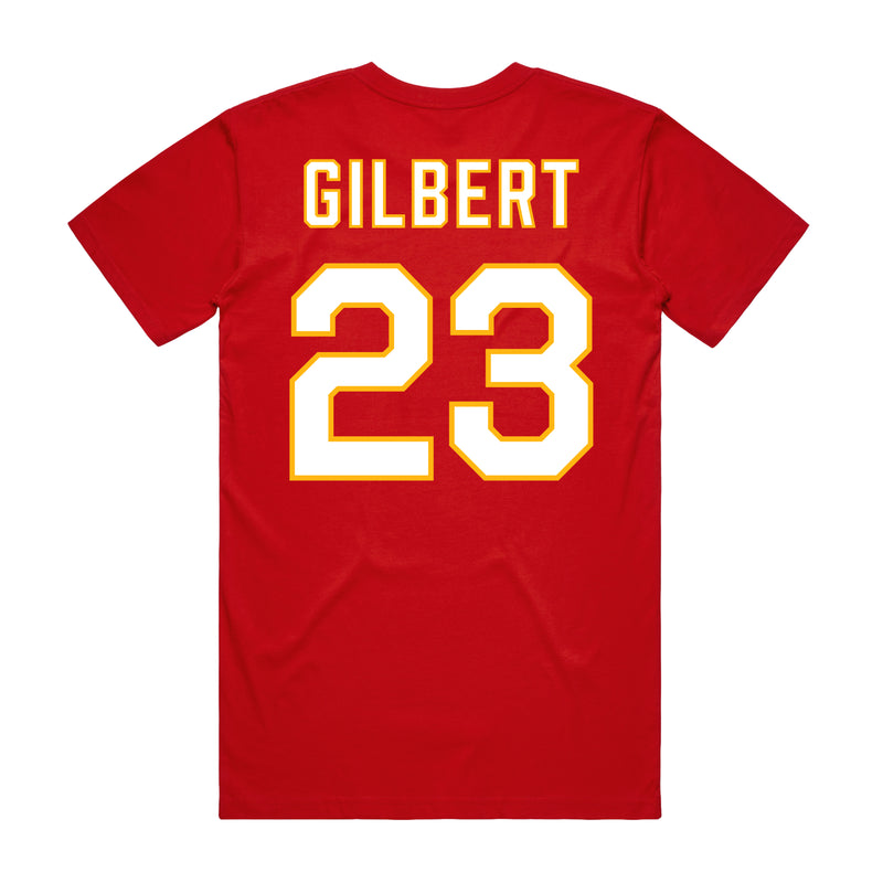 Back angle of the John Gilbert MAS Kansas City Wheelchair Football Amplife Red T-Shirt against a white background
