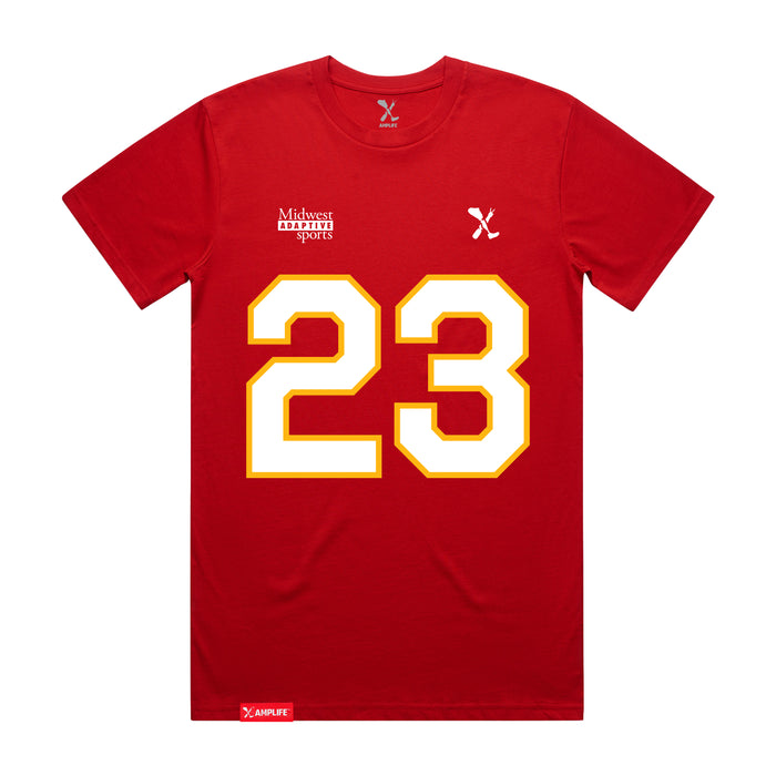 Front angle of the John Gilbert MAS Kansas City Wheelchair Football Amplife Red T-Shirt against a white background