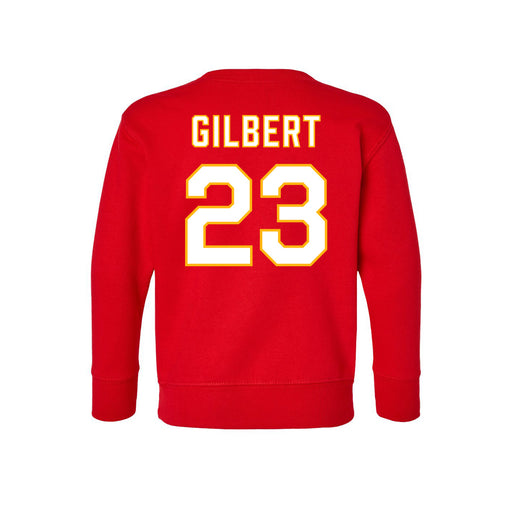 Back angle of the John Gilbert MAS Kansas City Wheelchair Football Amplife Toddler Red Crewneck Sweatshirt against a white background