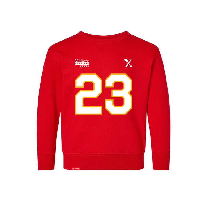 Front angle of the John Gilbert MAS Kansas City Wheelchair Football Amplife Toddler Red Crewneck Sweatshirt against a white background