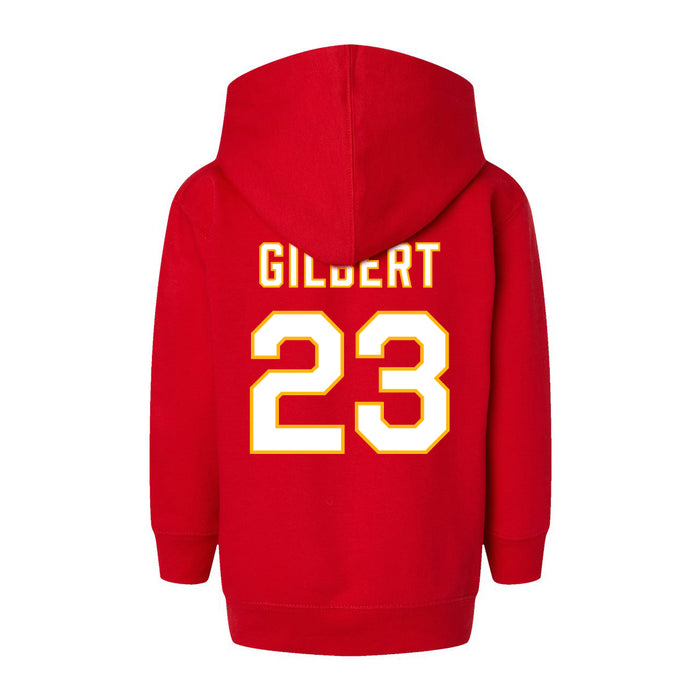 Back angle of the John Gilbert MAS Kansas City Wheelchair Football Amplife Toddler Red Hoodie against a white background