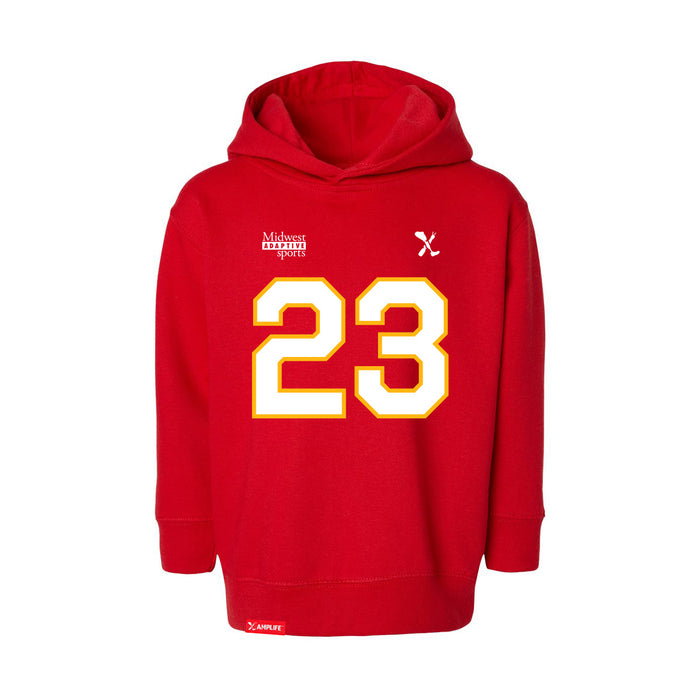Front angle of the John Gilbert MAS Kansas City Wheelchair Football Amplife Toddler Red Hoodie against a white background