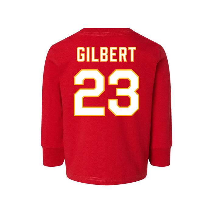 Back angle of the John Gilbert MAS Kansas City Wheelchair Football Amplife Toddler Red Long Sleeve T-Shirt against a white background