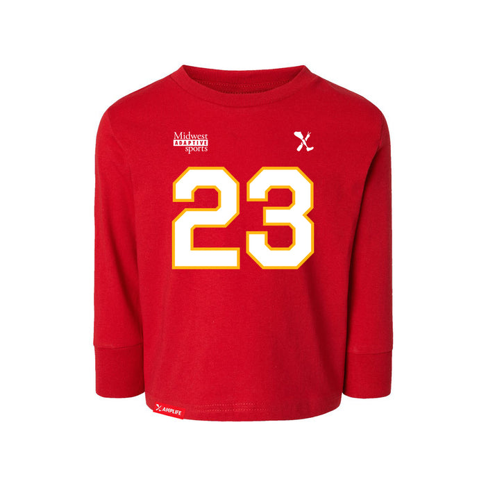 Front angle of the John Gilbert MAS Kansas City Wheelchair Football Amplife Toddler Red Long Sleeve T-Shirt against a white background