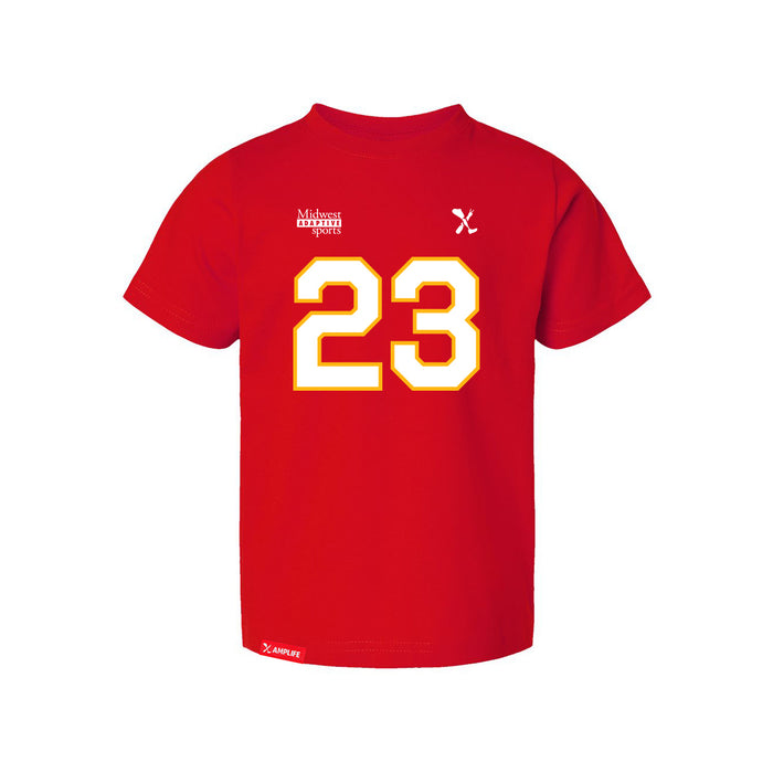 Front angle of the John Gilbert MAS Kansas City Wheelchair Football Amplife Toddler Red T-Shirt against a white background