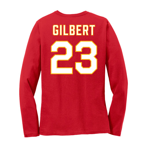 Back angle of the John Gilbert MAS Kansas City Wheelchair Football Amplife Women's Red Long Sleeve T-Shirt against a white background