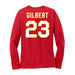 Back angle of the John Gilbert MAS Kansas City Wheelchair Football Amplife Women's Red Long Sleeve T-Shirt against a white background