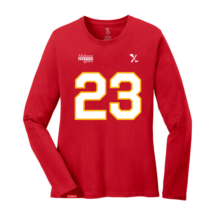 Front angle of the John Gilbert MAS Kansas City Wheelchair Football Amplife Women's Red Long Sleeve T-Shirt against a white background