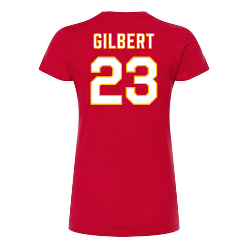 Back angle of the John Gilbert MAS Kansas City Wheelchair Football Amplife Women's Red Slim T-Shirt against a white background