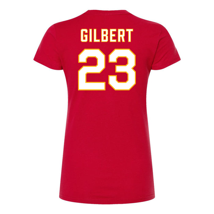 Back angle of the John Gilbert MAS Kansas City Wheelchair Football Amplife Women's Red Slim T-Shirt against a white background