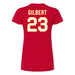 Back angle of the John Gilbert MAS Kansas City Wheelchair Football Amplife Women's Red Slim T-Shirt against a white background