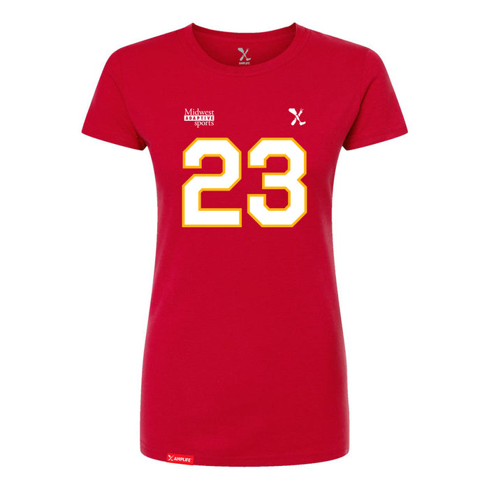 Front angle of the John Gilbert MAS Kansas City Wheelchair Football Amplife Women's Red Slim T-Shirt against a white background