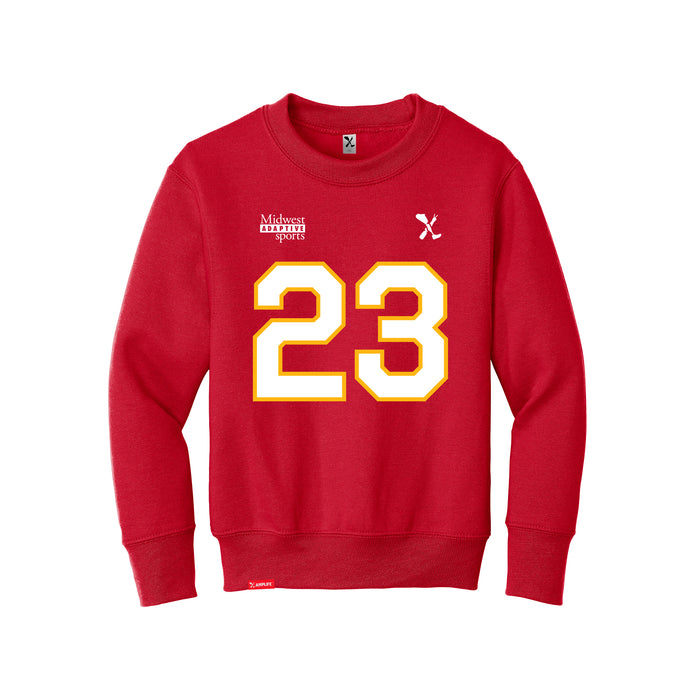 Front angle of the John Gilbert MAS Kansas City Wheelchair Football Amplife Youth Red Crewneck Sweatshirt against a white background