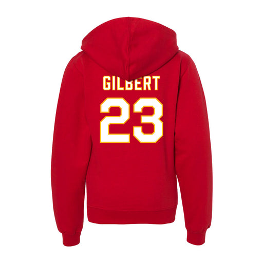 Back angle of the John Gilbert MAS Kansas City Wheelchair Football Amplife Youth Red Hoodie against a white background
